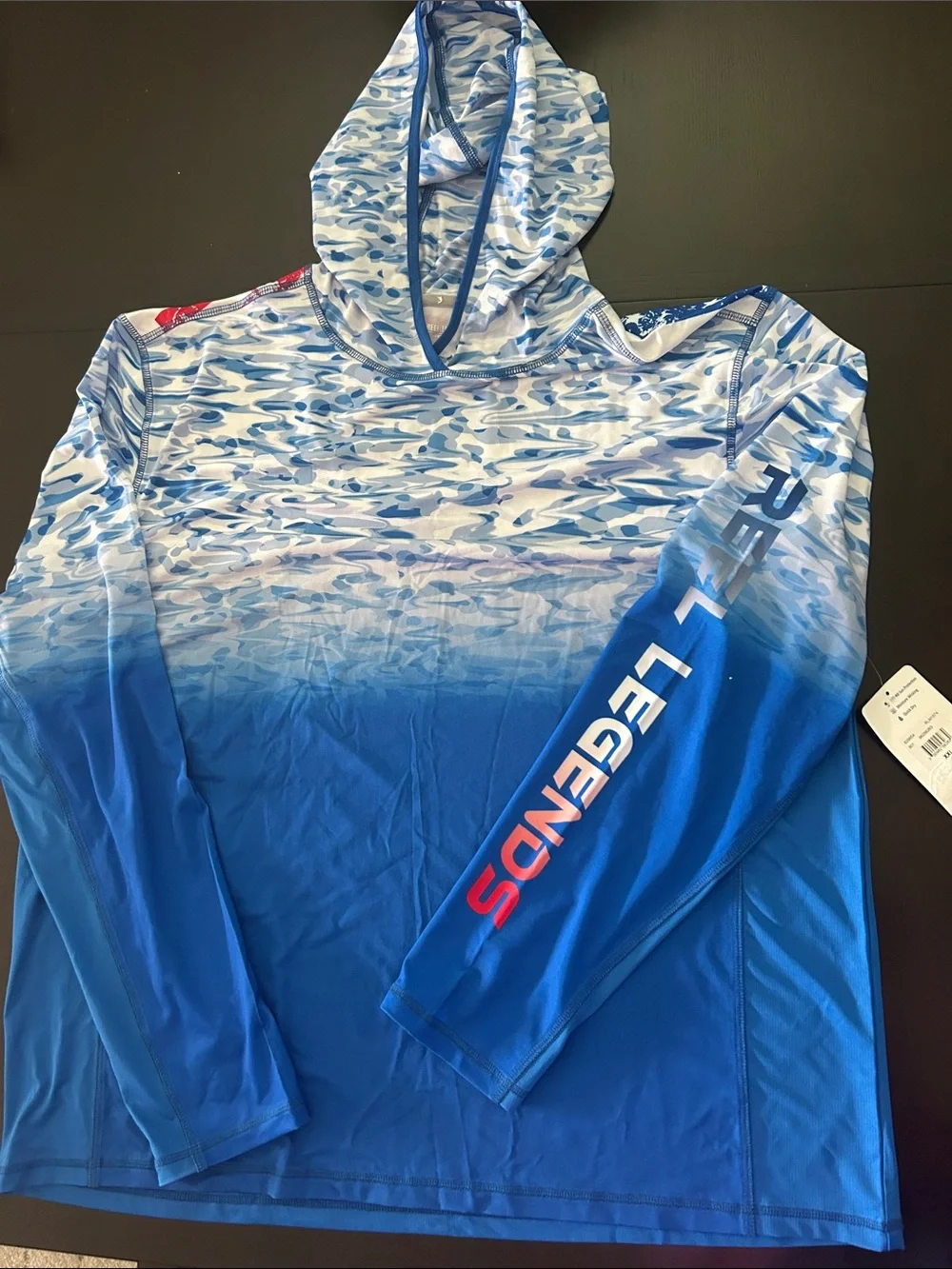 Reel Legends Men's Blue Ombre Camo Hooded Rash Guard with Red Accent
